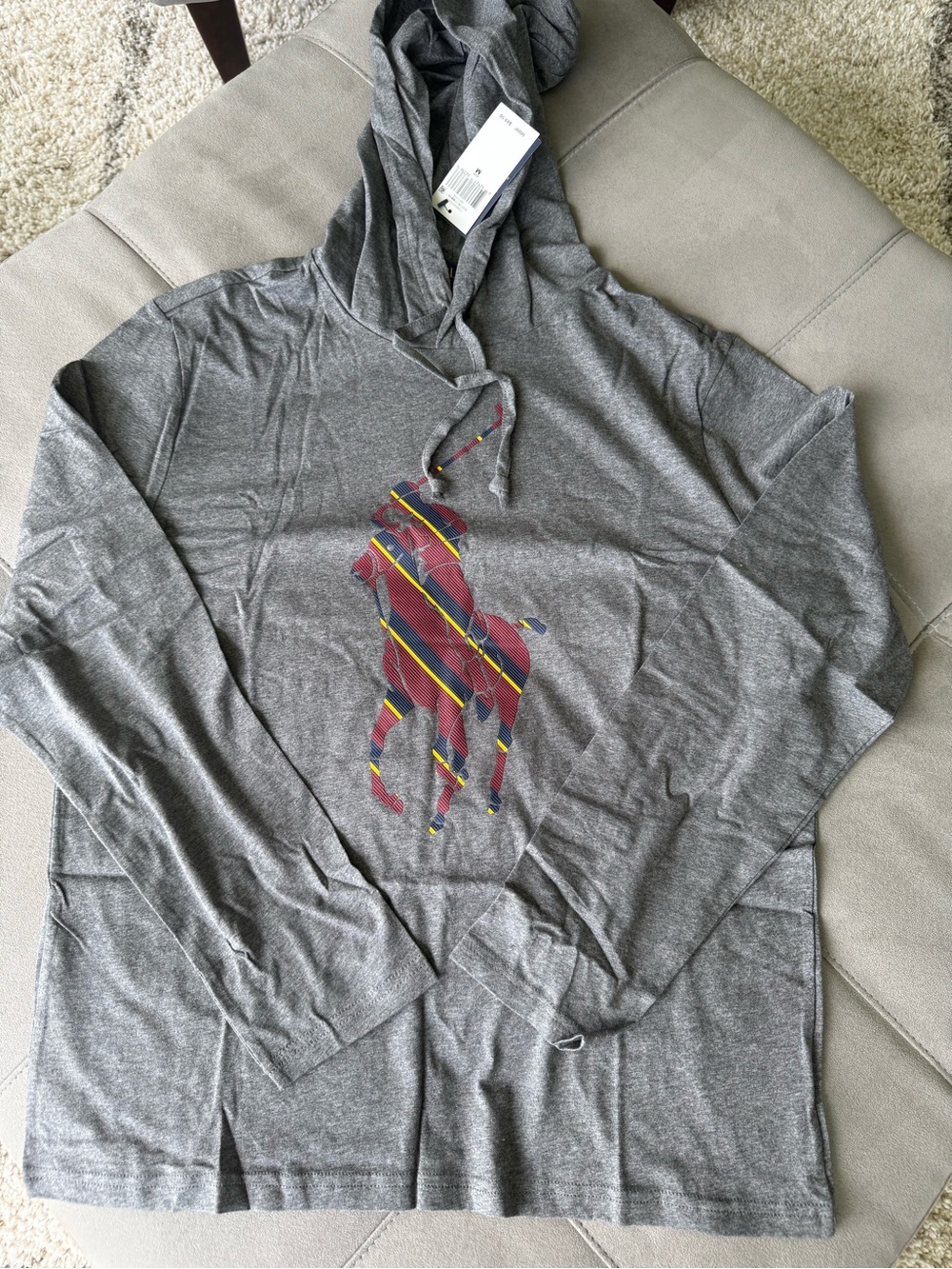 NWT, Men's Gray Hooded Long-Sleeve Shirt with Striped Polo Graphic